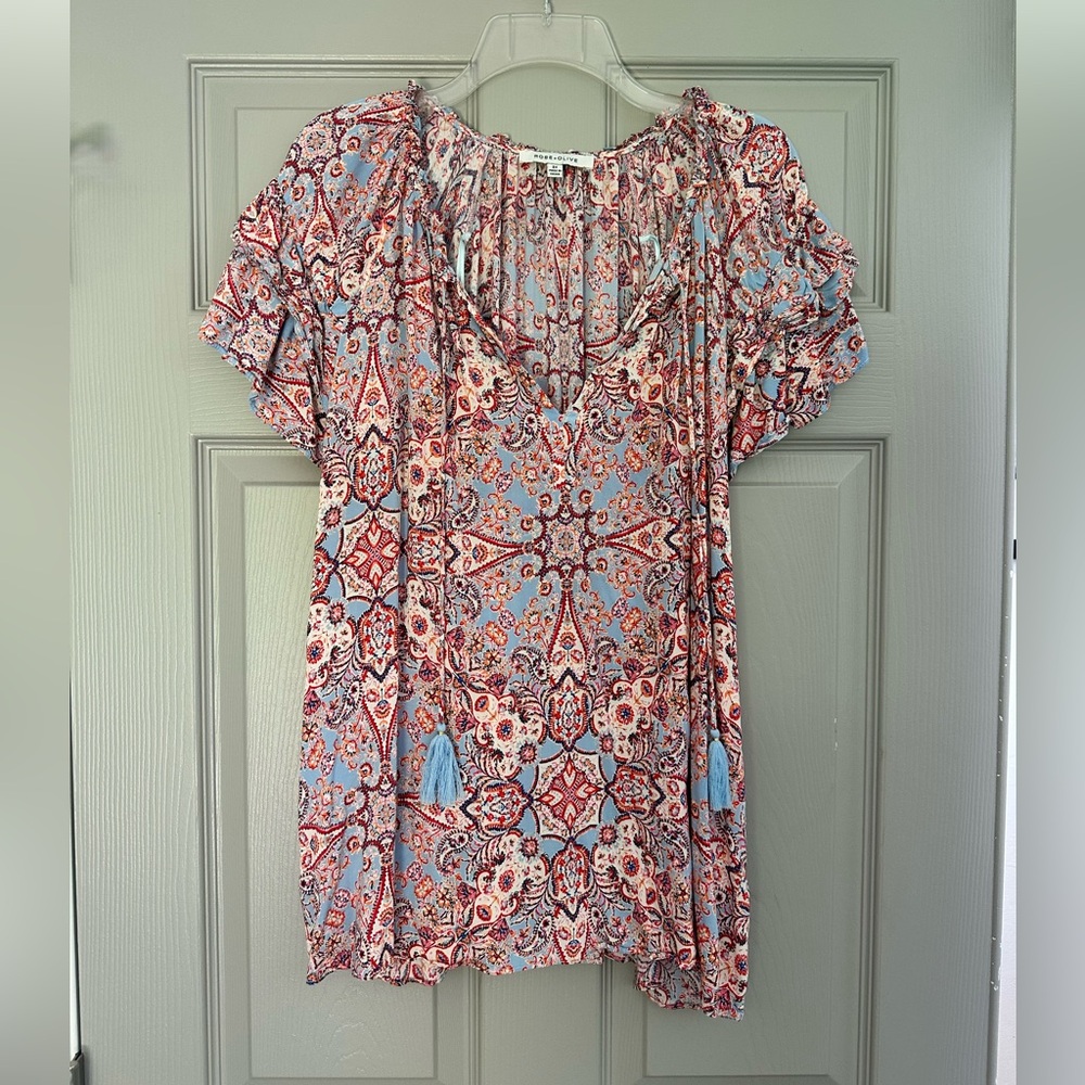 Rose & Olive Light Blue and Red Paisley Peasant Tunic